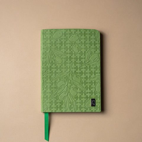 TAKAFA Al Andalus Garden notebook A5 in Zeytun olive green, Italian nubuck leather with debossed Andalusian fruit motifs